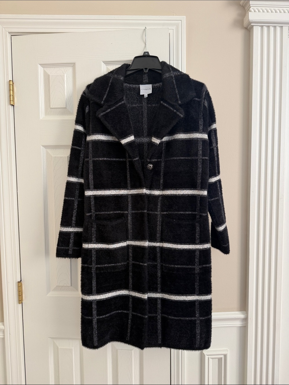 Cyrus Black Windowpane Coat with White & Gray Lines